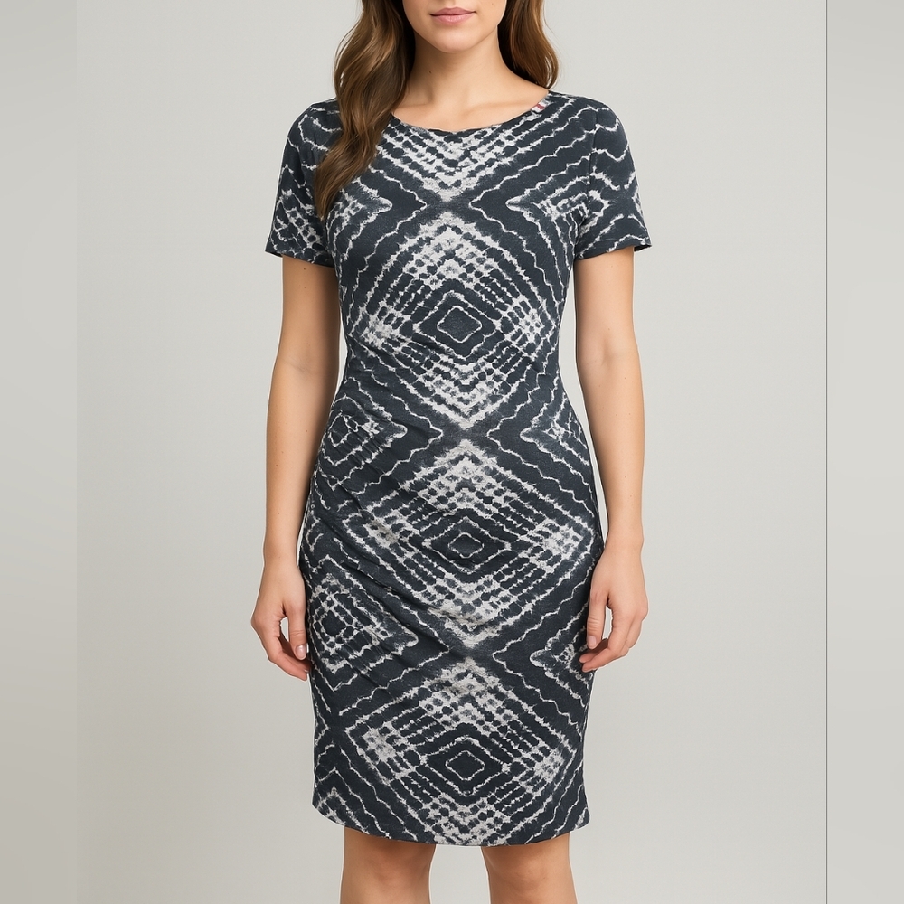 DKNY Black and Silver Cotton Sheath Midi Dress Small